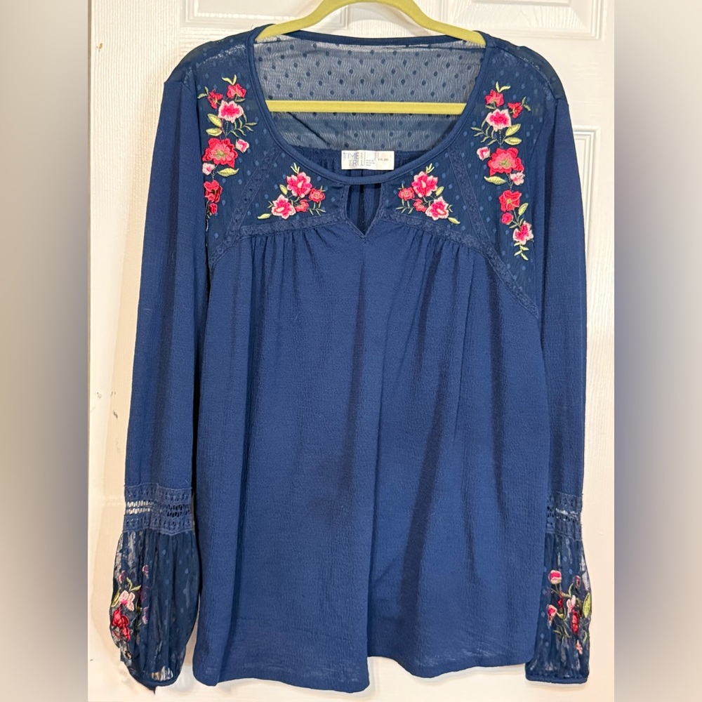Time and Tru Navy Boho Embroidered Peasant Blouse Size XXL